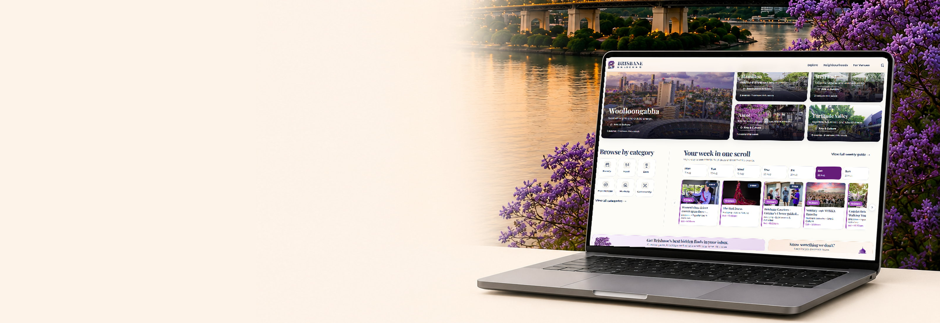 The Brisbane Unlocked website open on a laptop, with the Story Bridge and jacarandas behind it