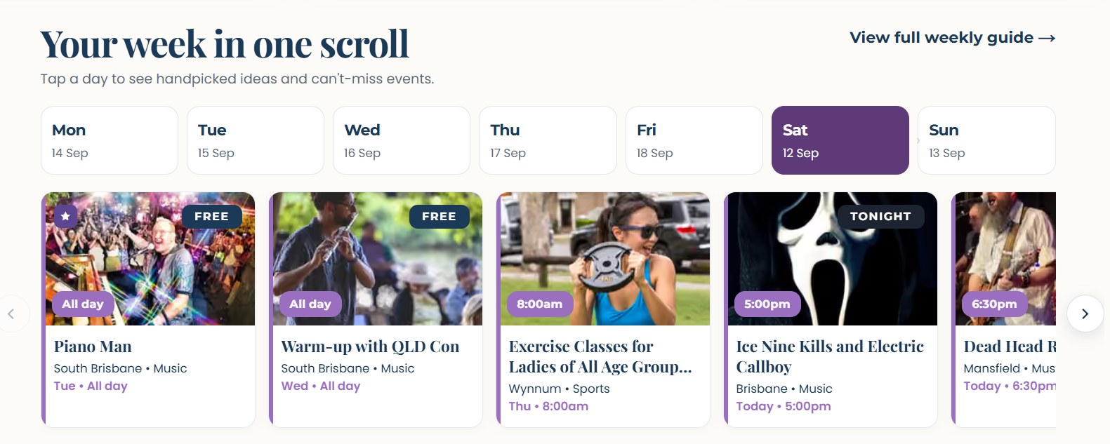 The Brisbane Unlocked weekly view, Saturday selected, with the day's events listed by time
