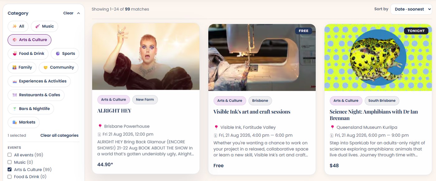 Brisbane Unlocked search results filtered to Arts and Culture, with category filters down the side