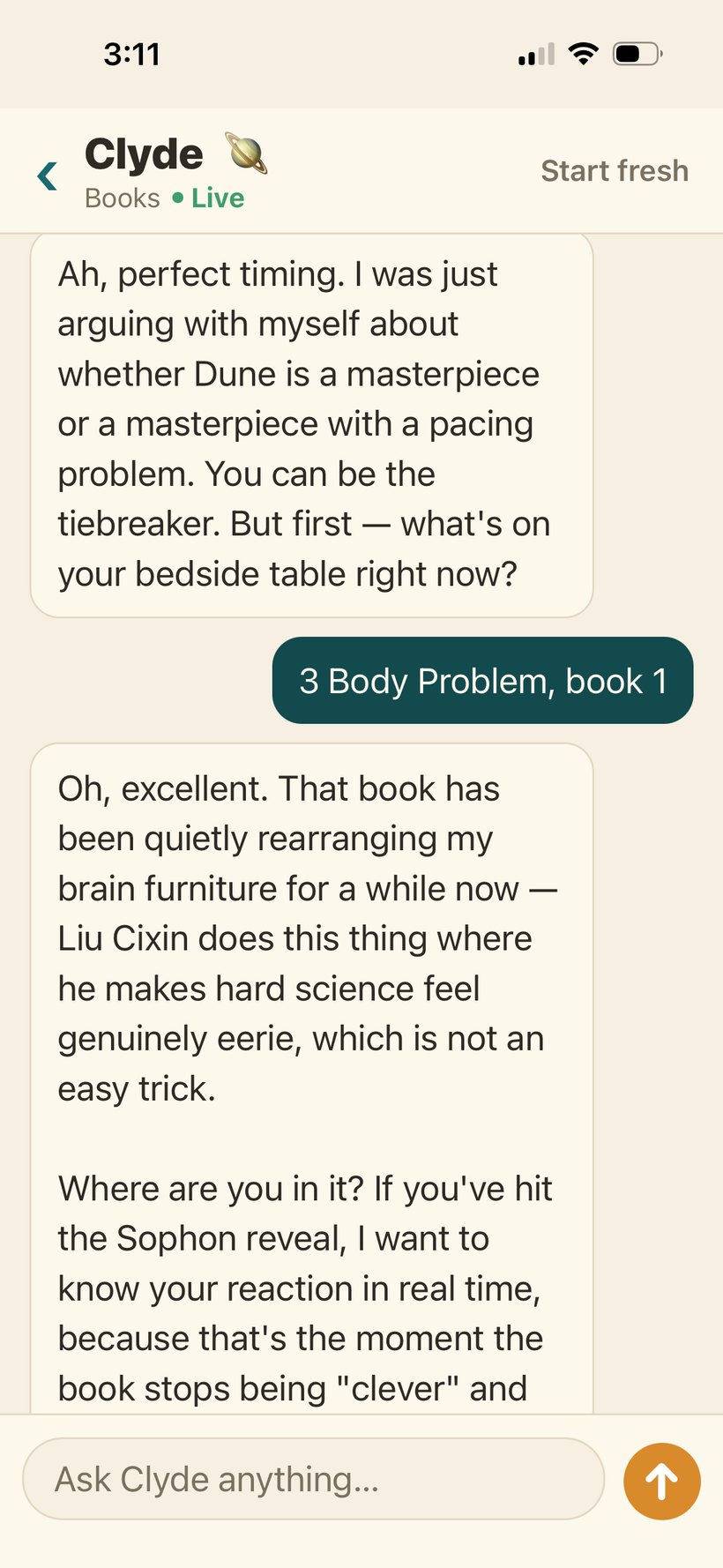 Clyde opening a conversation about whether Dune is a masterpiece