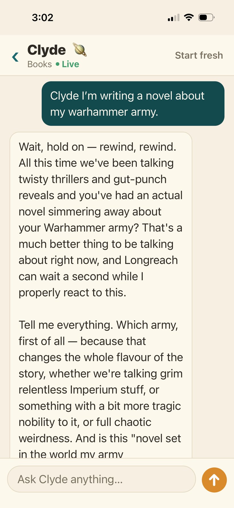Clyde reacting to news of a Warhammer novel