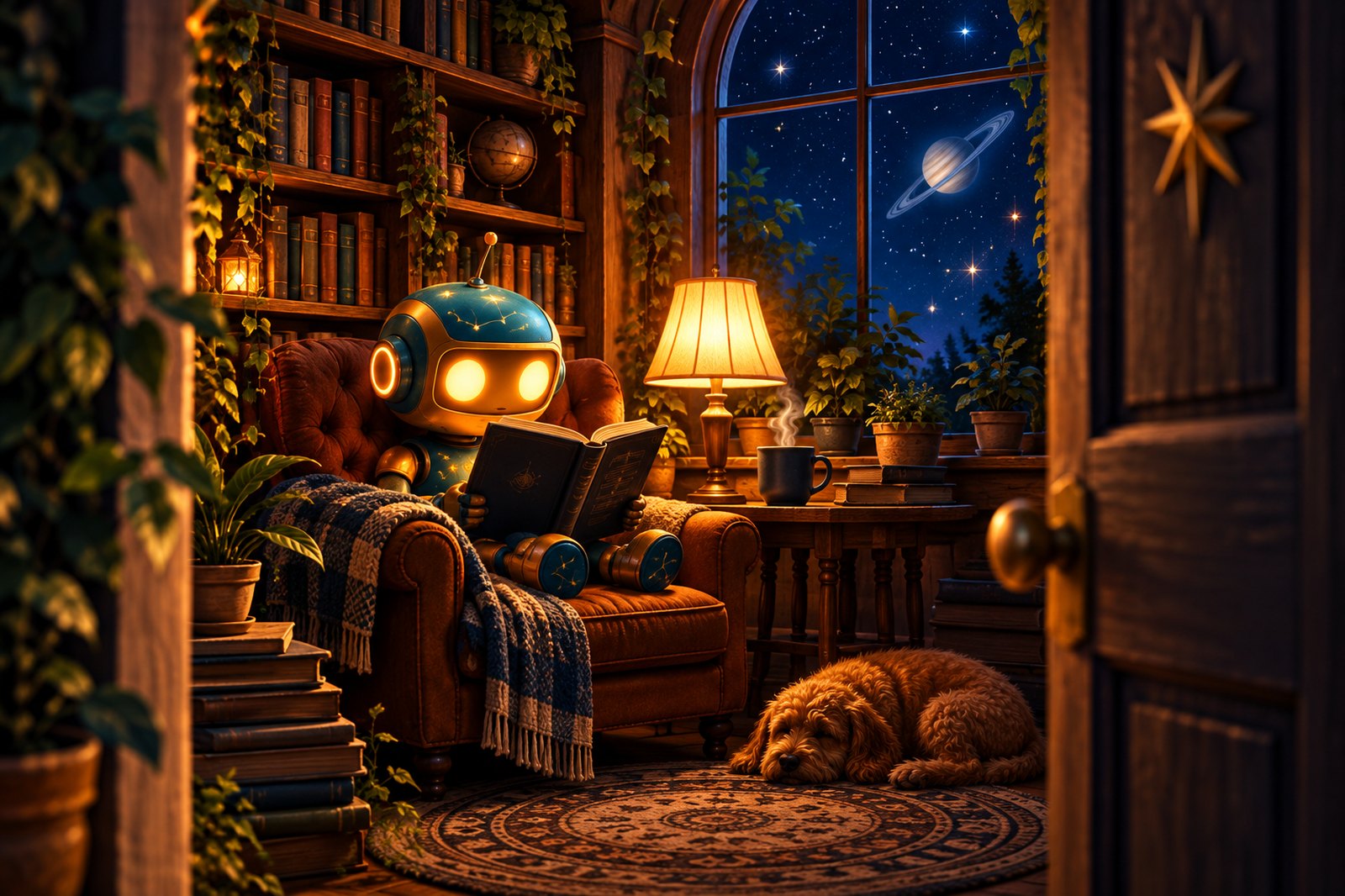 Clyde reading in his library, lamplight, bookshelves and Saturn through the window