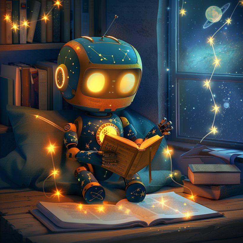 Clyde, a small robot reading a book under a window full of stars