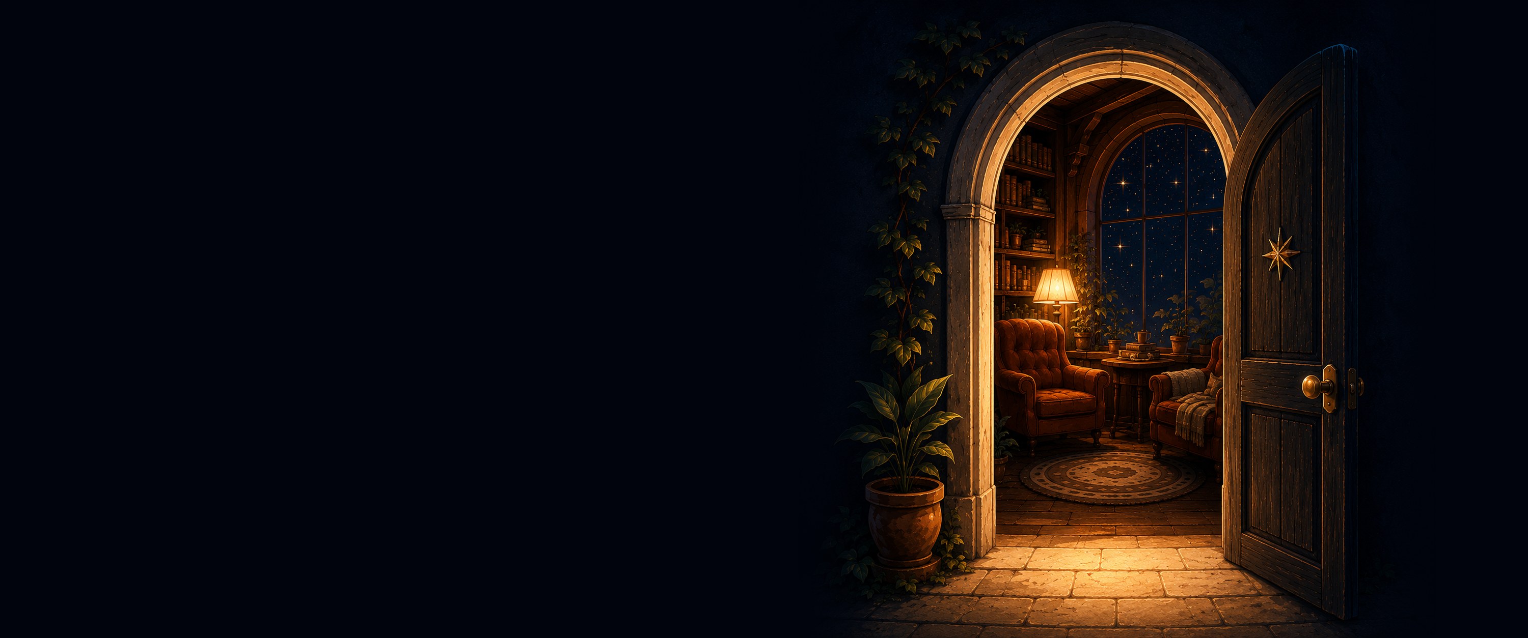 An open door onto a warm reading room, books, lamplight and stars through the window