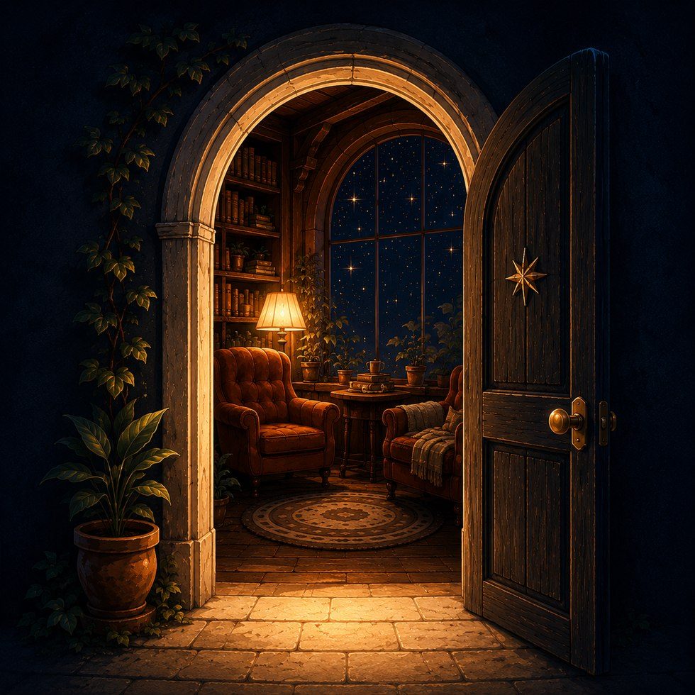 An open door onto a warm reading room, stars through the window