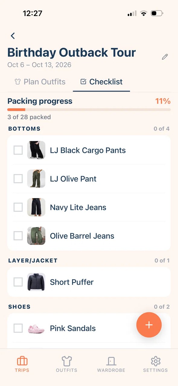 The Pack checklist, every item shown with its own photograph, grouped by category