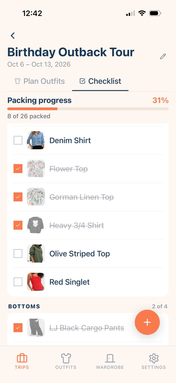 The Pack checklist, showing packing progress at thirty one percent