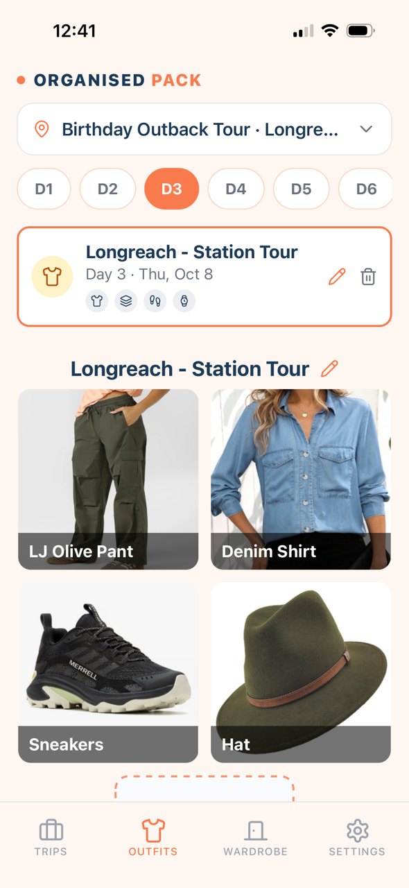 An outfit planned for day three of a trip in Organised Pack