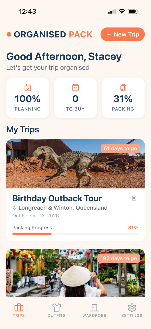 The Organised Pack home screen, showing upcoming trips with countdowns and packing progress