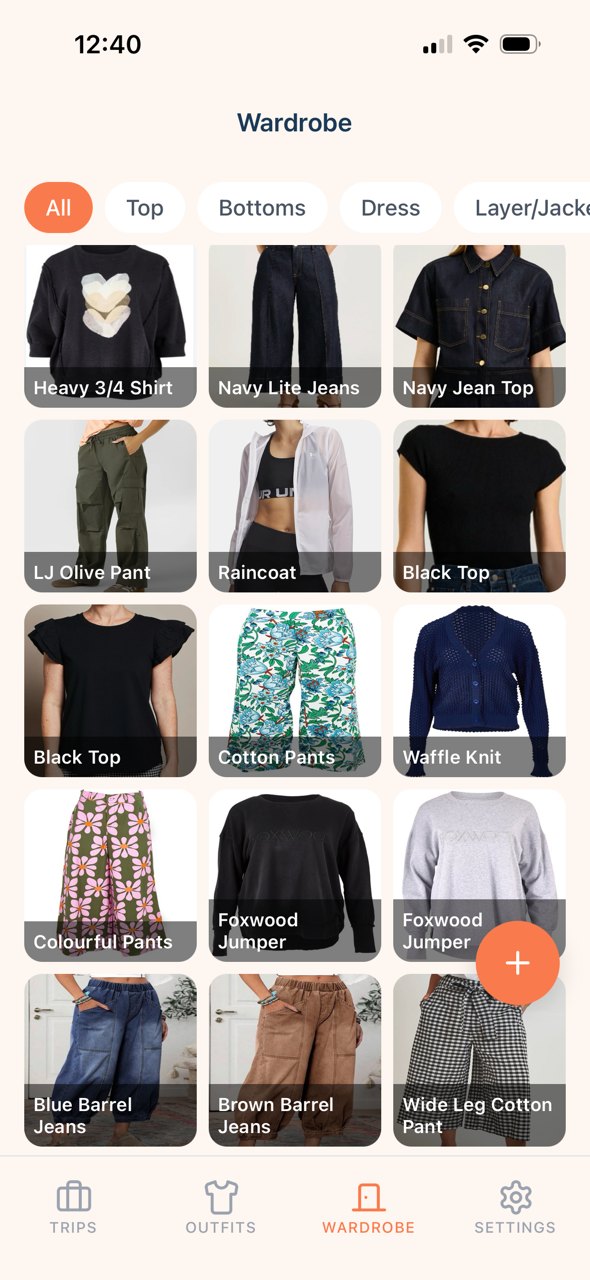 The Pack wardrobe, a grid of saved clothing items with photos