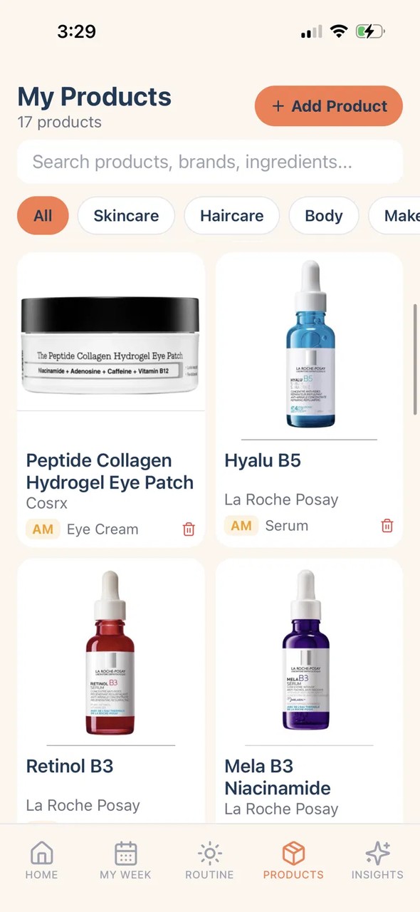 My Products in Organised Skin, every product photographed with its brand and category