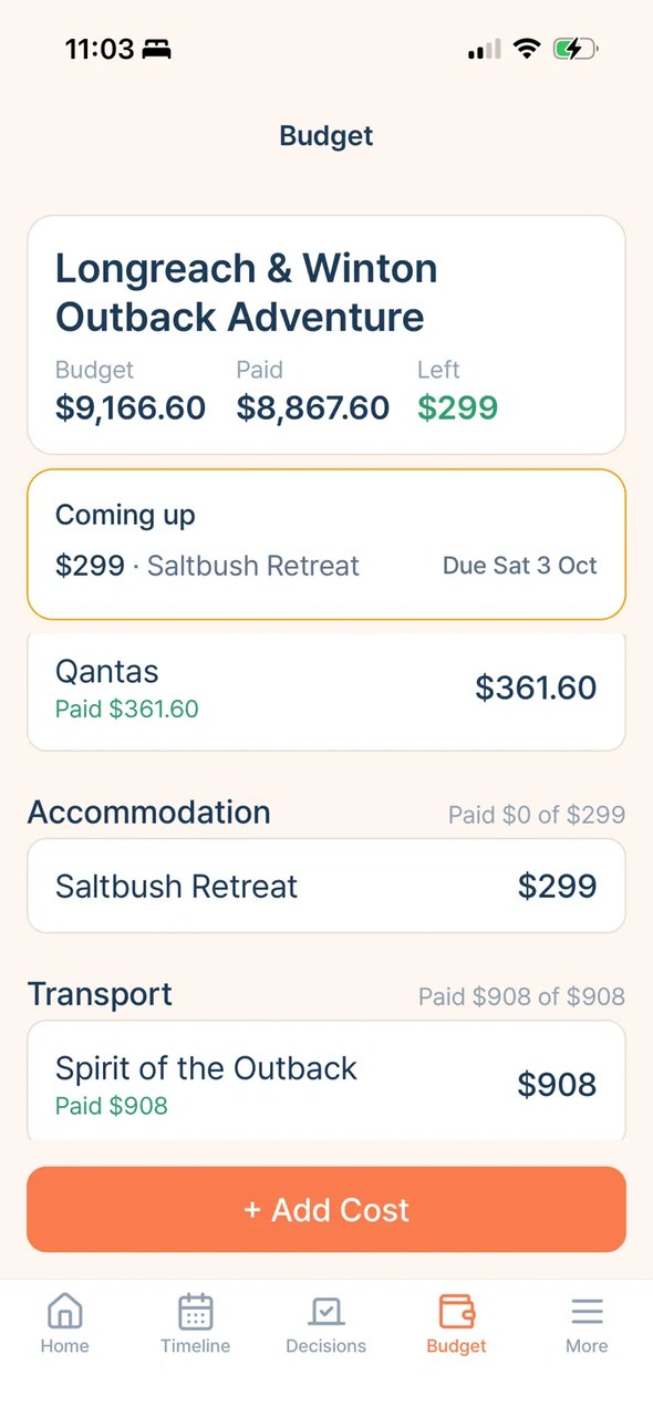 The budget screen in Organised Travel for the Longreach and Winton trip, showing what is paid, what is left and what falls due next