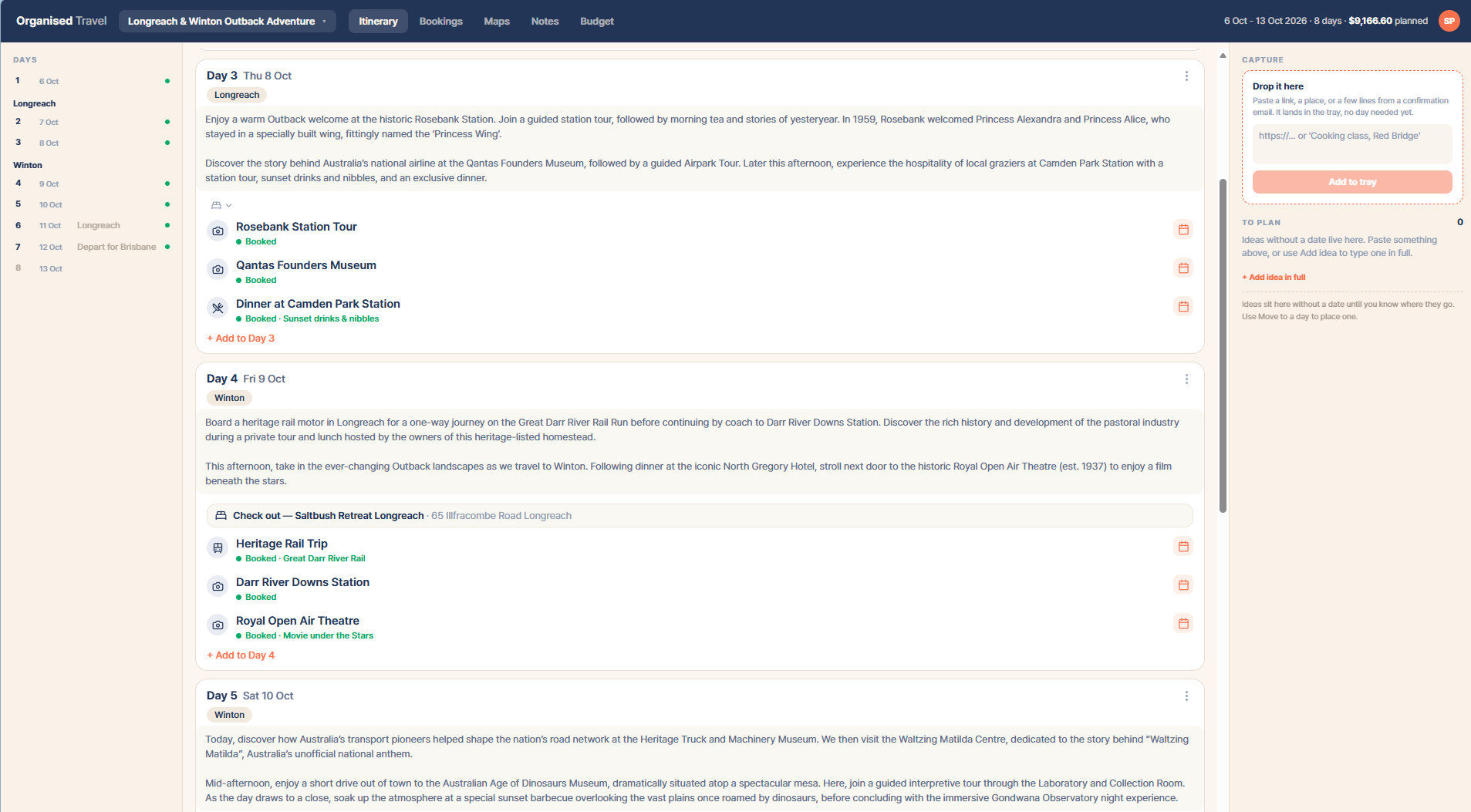 Organised Travel open in a browser, the days of a trip down the left, the itinerary and its bookings in the middle, and a capture panel on the right